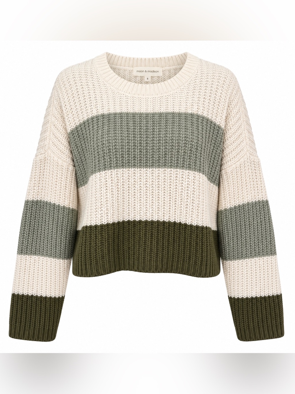 Moon & Madison Oversized Colorblock Chunky Knit Cropped Sweater Cream Green S